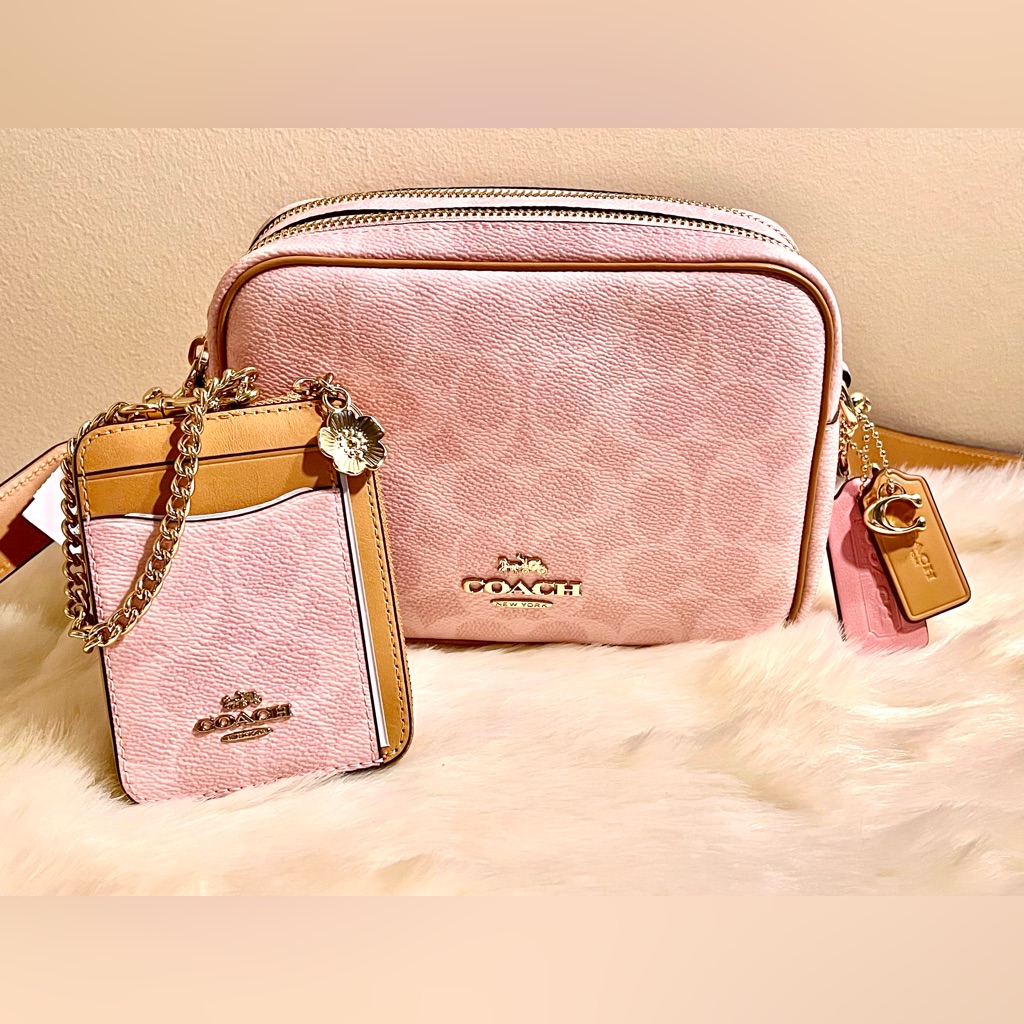 Coach Pink Powder Pink Carey Crossbody Bag With Tan Accent Card Holder